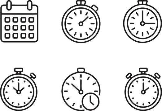 Set of vector clocks with alarm watch timer and classic time icons illustration