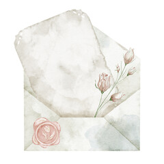 Envelope watercolor illustration with manuscript paper and wax seal on isolated background for romantic stationery design. Art of vintage letter for wedding invitations or greeting feminine cards © Alisles