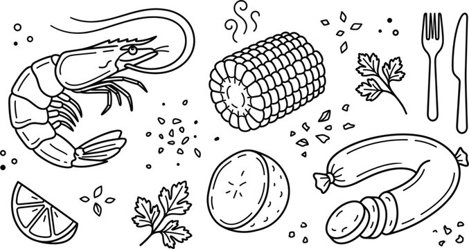 Seafood boil line icons vector set featuring fresh shrimp corn cob sausage lemon potato parsley and cutlery elements.