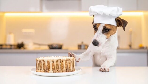 Adorable dog wearing a chef hat intently decorating a delicious bone cake in a bright kitchen setting