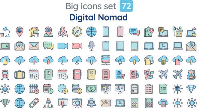 Digital nomad outline icon set with remote work travel cloud communication devices and lifestyle symbols vector