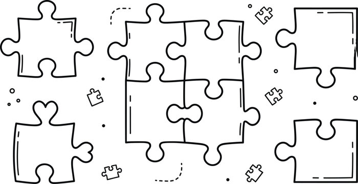 Hand drawn jigsaw puzzle pieces set black and white outline doodle vector illustration for connection team concept