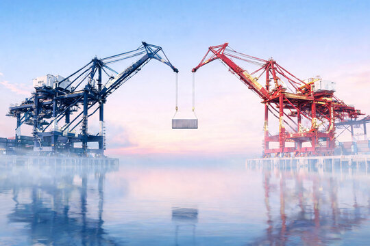  Imagen conceptual de comercio internacional, log&iacute;stica y relaci&oacute;n bilateral entre EE. UU. y China. Gr&uacute;as portuarias azul y roja sostienen contenedor de carga sobre el mar.