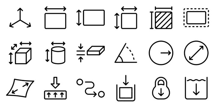 Measurement and Dimension Line Icons Set. Geometry, Size, Volume, Radius, Diameter, Area, Construction and Technical Measurement Vector Illustration Collection.