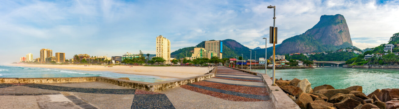 Panorama of the beach and breakwater of Barra da Tijuca in the western zone of the city of Rio de Janeiro.