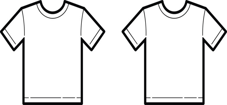 Blank crew neck t shirt front and back vector line art illustration collection for fashion mockup templates