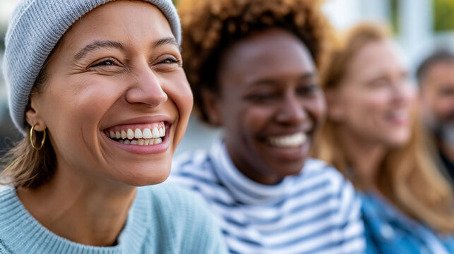Close-up of a smiling group of diverse friends sharing laughter at a casual get-together, diverse social concept, inclusive gathering photography, multicultural friendship