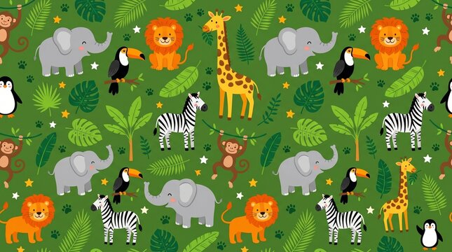 Zoo Animals Seamless Pattern Elephant Lion Giraffe Monkey Tropical Leaves Children Textile Print
