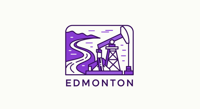 Illustrated oil pump jack with winding road and logo.
