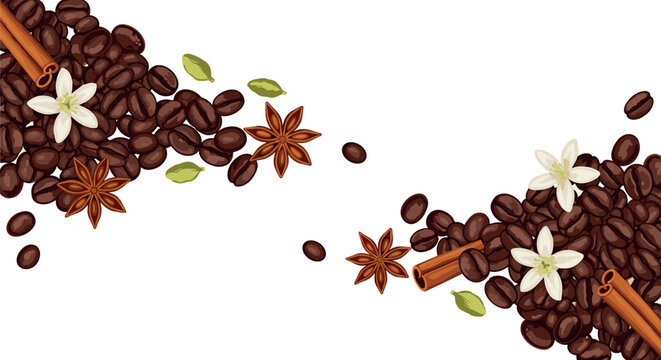 Roasted Coffee Beans Banner with Cinnamon Sticks Star Anise Cardamom Pods and Jasmine Flowers Template for Cafe Menu Web and Packaging Design