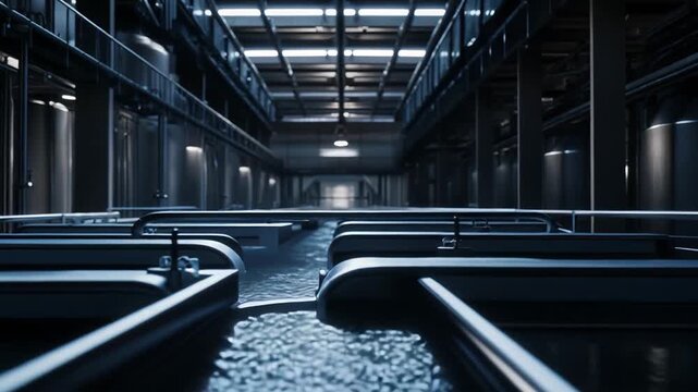 Water filtering through a series of vats and pipes within a large contemporary industrial facility, performing essential purification processes for various applications