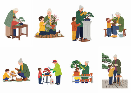 Set of illustrations depicting a grandmother and her grandson practicing bonsai art, pruning, potting, and caring for various miniature trees together.