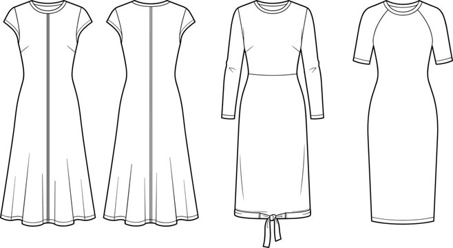 Fashion technical sketch of women dresses template set including midi flare dress with cap sleeves long sleeve straight dress and raglan t-shirt dress