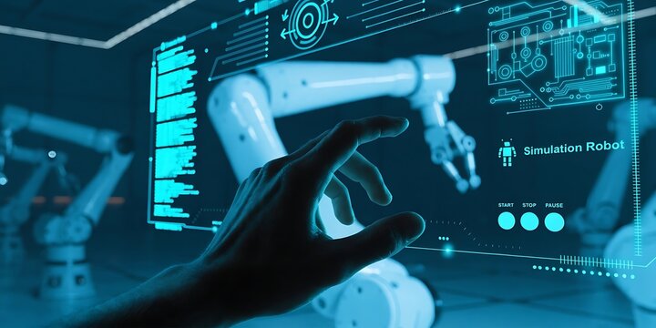 Interactive Robot Arm Control: A hand reaches out to interact with a futuristic holographic display controlling a robotic arm in a high-tech manufacturing environment.