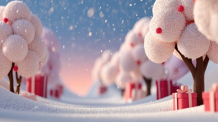 Obraz premium Pastel Christmas Winter Wonderland with Pink Snow Trees, Gifts and Soft Copy Space