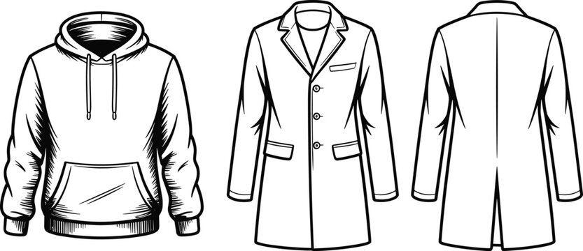 Men winter clothing vector line art illustration featuring pullover hoodie and long overcoat front and back view templates