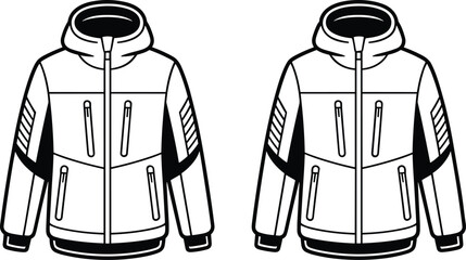 Technical winter sports jacket vector line illustration collection featuring zippered hooded windbreaker with pocket details and panel templates © MdAtiar