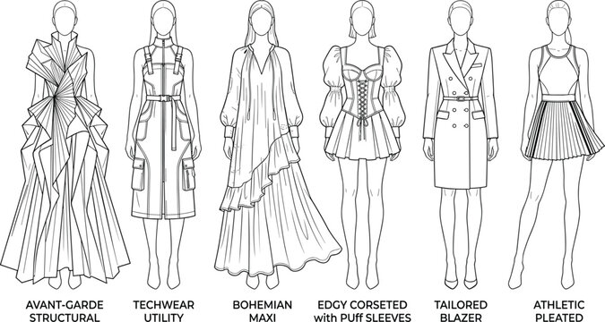 Vector fashion illustration collection featuring diverse clothing design styles from avant garde structural to athletic pleated dresses on croquis models