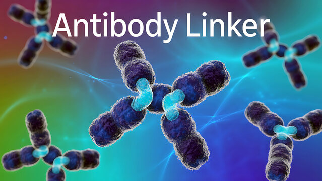 Antibody linker molecules with blue connections on a rainbow background  scientific illustration of protein structures
