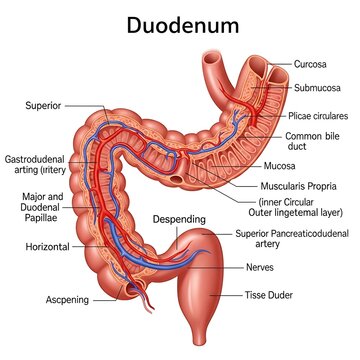 Detailed anatomical diagram of the human duodenum structure.