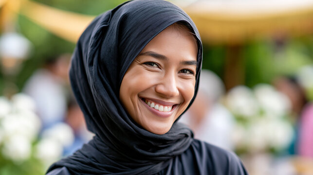 Close-up of a woman with a hijab sharing a warm smile at a cultural event, multicultural social concept, cultural gathering photography, diverse friendship lifestyle, defocused