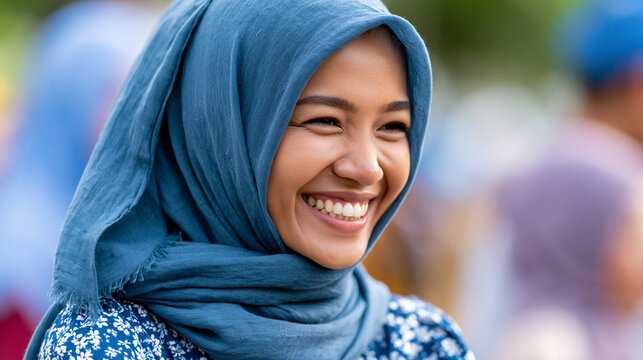 Close-up of a woman with a hijab sharing a warm smile at a cultural event, multicultural social concept, cultural gathering photography, diverse friendship lifestyle, defocused