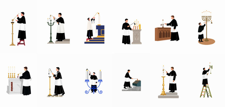 Vector illustration set of altar servers and priests in traditional liturgical vestments lighting and extinguishing candles in various church settings on a white background.