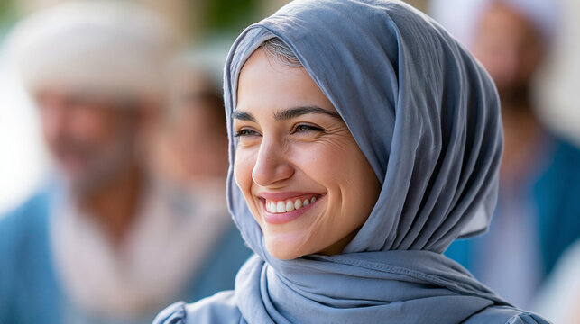 Close-up of a woman with a hijab sharing a warm smile at a cultural event, multicultural social concept, cultural gathering photography, diverse friendship lifestyle, defocused