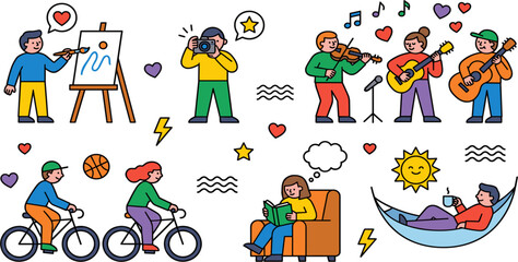 Obraz premium Diverse People Engaging in Creative Hobbies and Outdoor Activities Set with Music, Painting, Photography, Cycling, Reading, and Relaxation for Lifestyle Designs