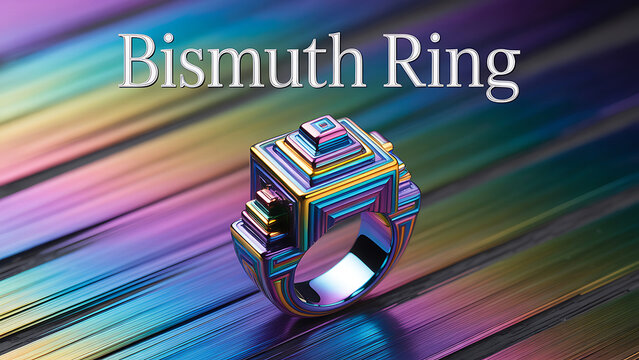 Bismuth ring with iridescent colors on a rainbow surface  shiny metallic jewelry