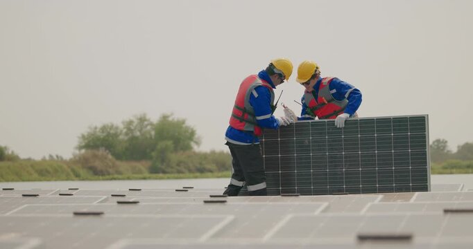 Technicians check floating solar farm wiring, polarity, and grounding for reliability and safety