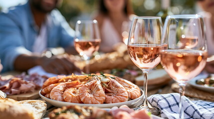 Fototapeta premium Close-up of friends at a table with shrimp, meats and bread with glasses of rosé, feast gathering concept, food and wine photography, celebratory meal lifestyle, defocused