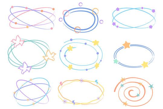 Set features cute isolated cosmic and dizzy frame icons on a white background. This collection of pastel stars, swirls, and orbit lines is perfect for anime graphics, stickers, and playful designs.