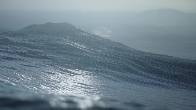Rolling waves of the deep blue ocean creating a powerful and moody atmosphere amidst a misty horizon, conveying themes of nature's formidable strength and isolation