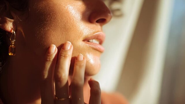 Close-up of a woman touching her cheek with focus on smooth skin texture and natural glow. Skincare advertising video, beauty campaigns, wellness branding and cosmetic presentation visuals.