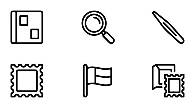 Stamp Collecting Icons, Philately Tools, Magnifying Glass, Album, Tweezers, Flag, Research