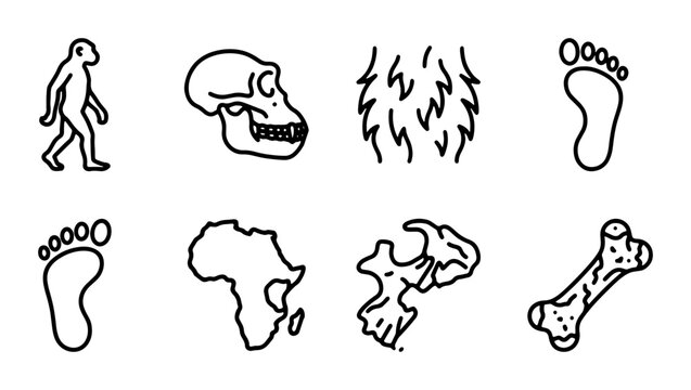 Evolution Icons: Human Ancestry, Fossil, Footprint, Africa Map, Bone, Silhouette