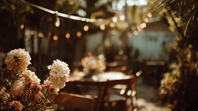 Cozy outdoor dinner setup on a patio with flowers and string lights creating soft bokeh. Warm festive atmosphere, wedding, celebration, hospitality, and romantic event concepts.
