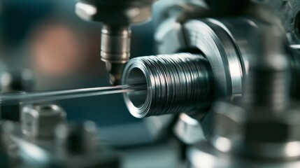 Fototapeta premium Medium shot of stainless steel wire undergoing reduction to exact piston ring diameter highlighting smooth mechanical operation and material quality.