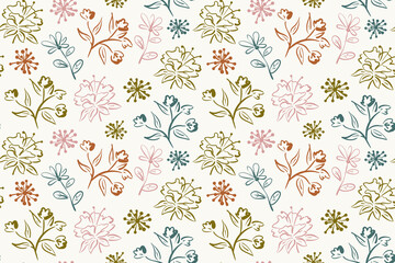 Fototapeta premium Seamless pattern features muted earth tone ink sketch flowers with delicate stems on an cream background. This botanical meadow print is perfect for cozy autumn textile designs, rustic gift wrapping.