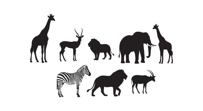 African savanna wildlife animals silhouettes featuring giraffes lions elephants zebras antelopes and gazelles.