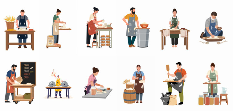 Diverse collection of artisanal bakers kneading dough and preparing fresh bread in various traditional styles, illustrated in a flat vector design.