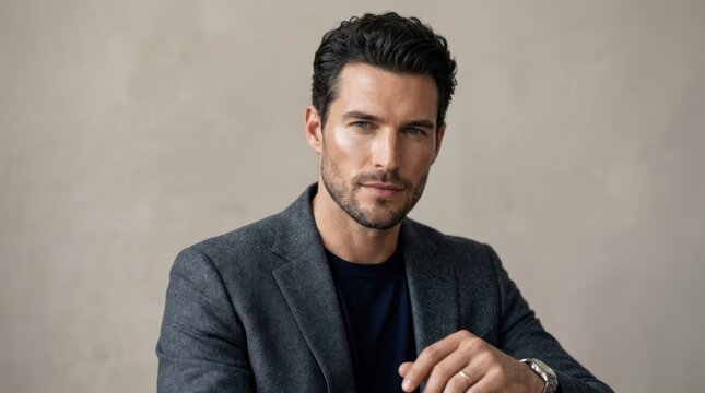 A man in a gray blazer and black shirt, with a neutral expression, seated against a neutral background.