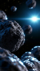 Obraz premium Close view of asteroid in space with bright star light illuminating cosmic scene and floating rocks.