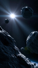 Obraz premium Close view of asteroid in space with bright star light illuminating cosmic scene and floating rocks.