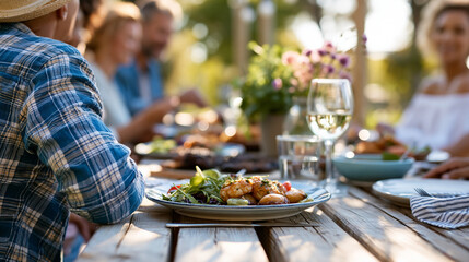 Obraz premium Rear view of a group of friends gathered at an outdoor table sharing food and creating memorable moments, outdoor meal concept, group dining photography, outdoor friendship