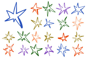 Obraz premium Set features colorful sketch star doodles isolated on a white. This vibrant celestial graphic collection is perfect for trendy Y2K stickers, cosmic designs, birthday cards, and playful child branding.
