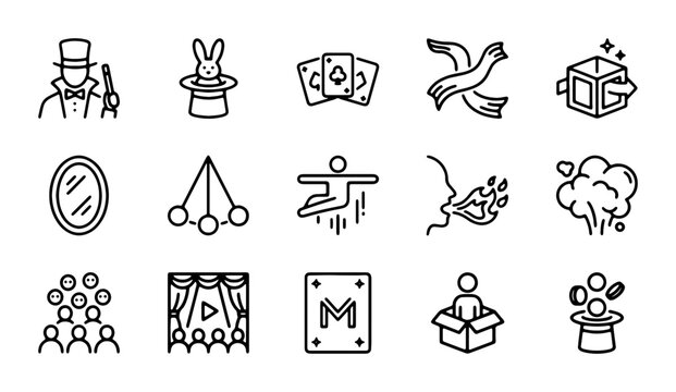 Magic Show Icons Set: Illusionist, Rabbit, Cards, Dove, Box, Mirror, Pendulum, Stage, Audience