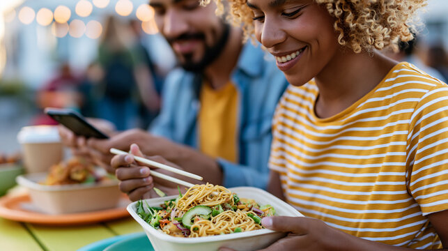 Close-up of two friends with a phone and takeout noodles sharing a fun moment on a vibrant set, casual hangout concept, takeout friends photography, fun lifestyle, defocused