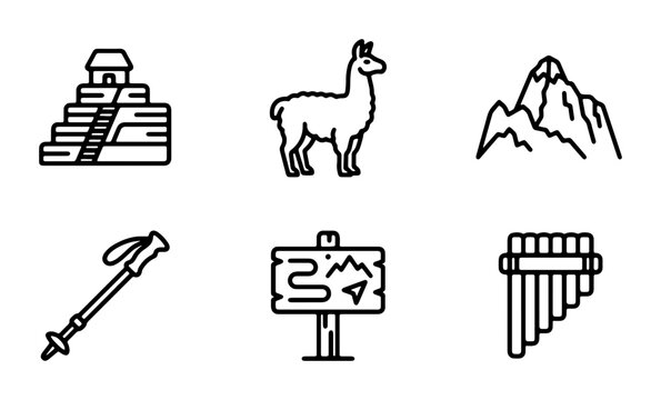 Andean Icons: Machu Picchu, Llama, Mountain, Trekking Pole, Signpost, Pan Flute